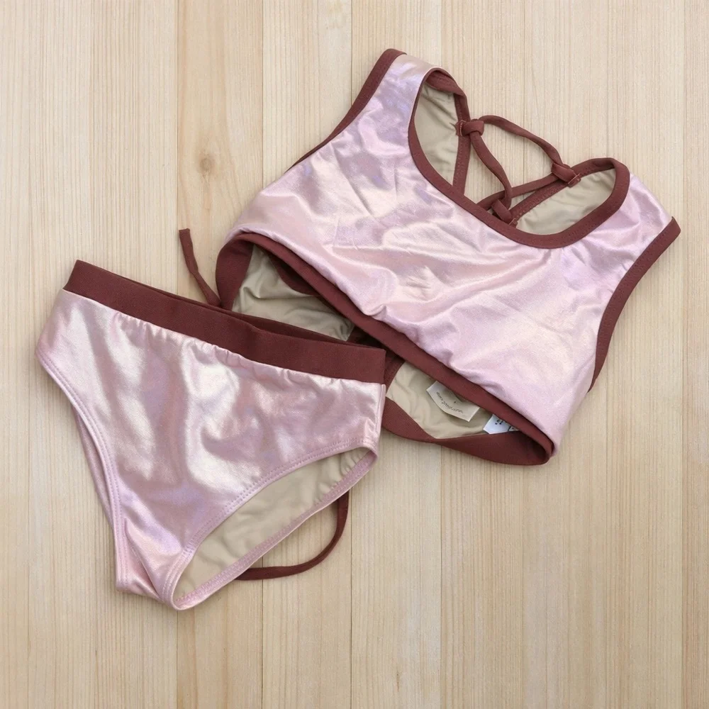 Joyfolie Mia Joy Metallic Pink Two Piece Swimsuit Girls Size 6 Bikini Set